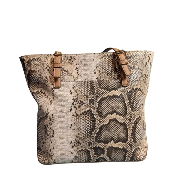 Anne Klein Snakeskin Pattern Tote Bag Matching Attached Keytag ID Tag Tan Straps - Picture 2 of 14
